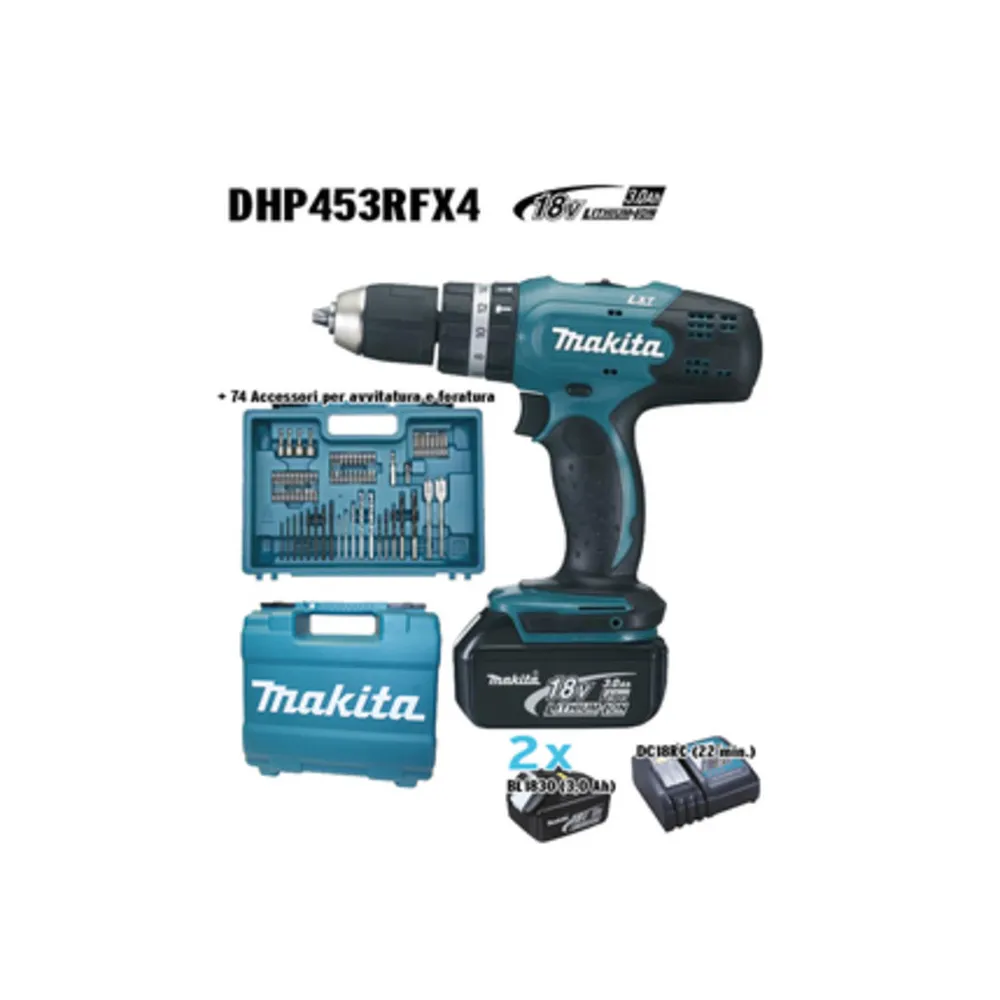 MAKITA TRAPANO C/PERC DHP453RFX4 18V LXT + 74 ACC MAKITA TRAPANO C/PERC DHP453RFX4 18V LXT + 74 ACC
